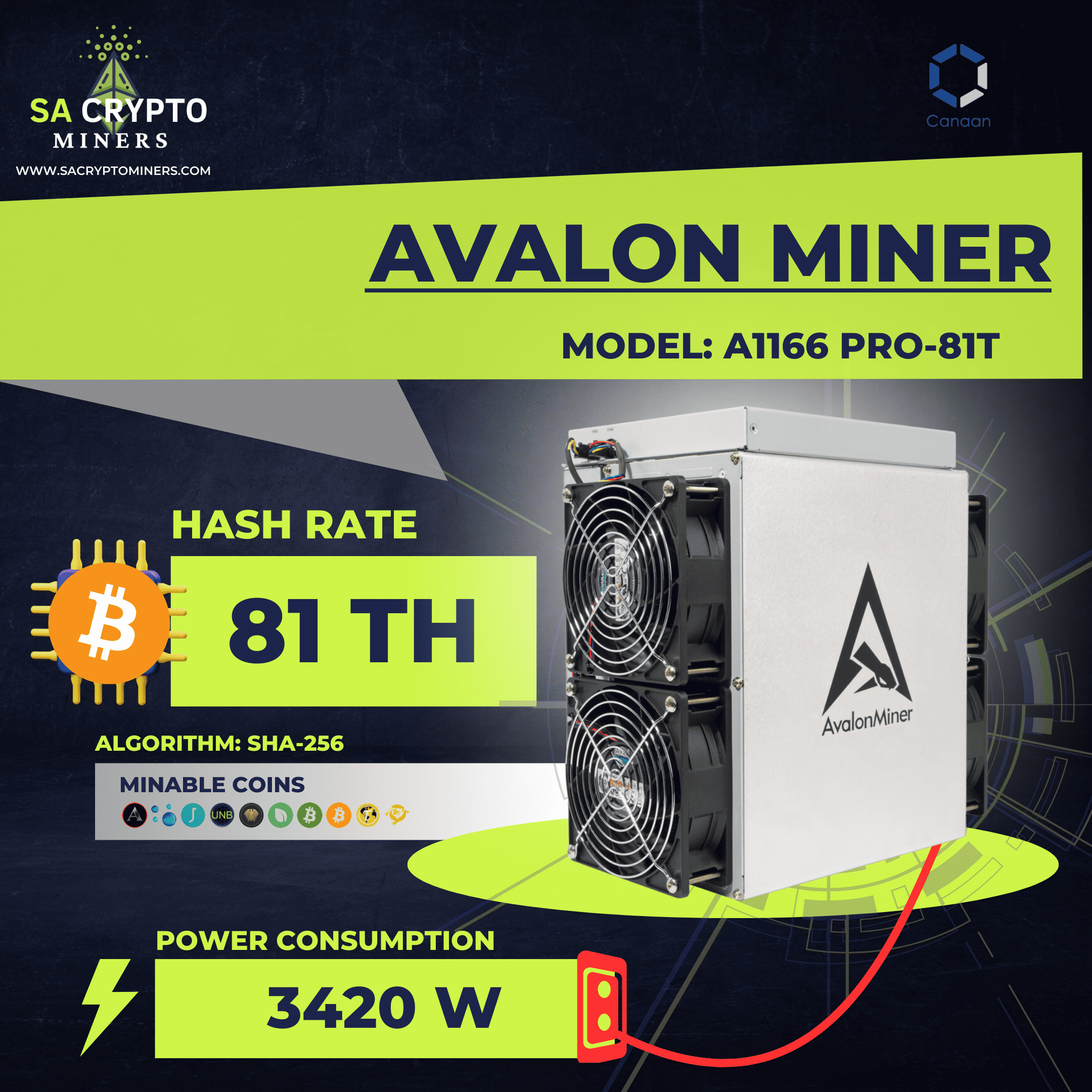 New Crypto BTC Avalon Miner A1166 Pro-81T 3420W