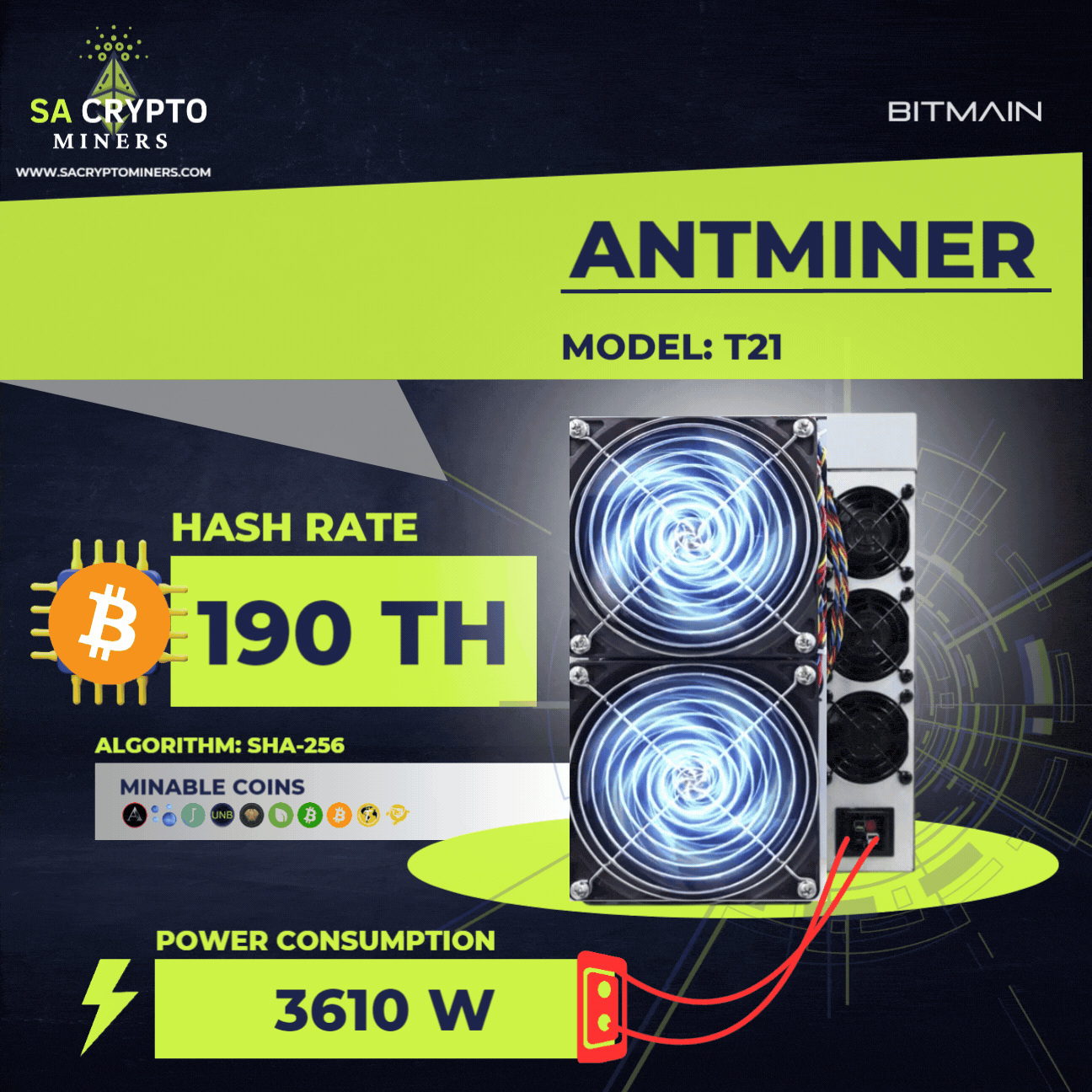 New Bitmain Antminer T21 190Th 3610W BTC BCH Miner