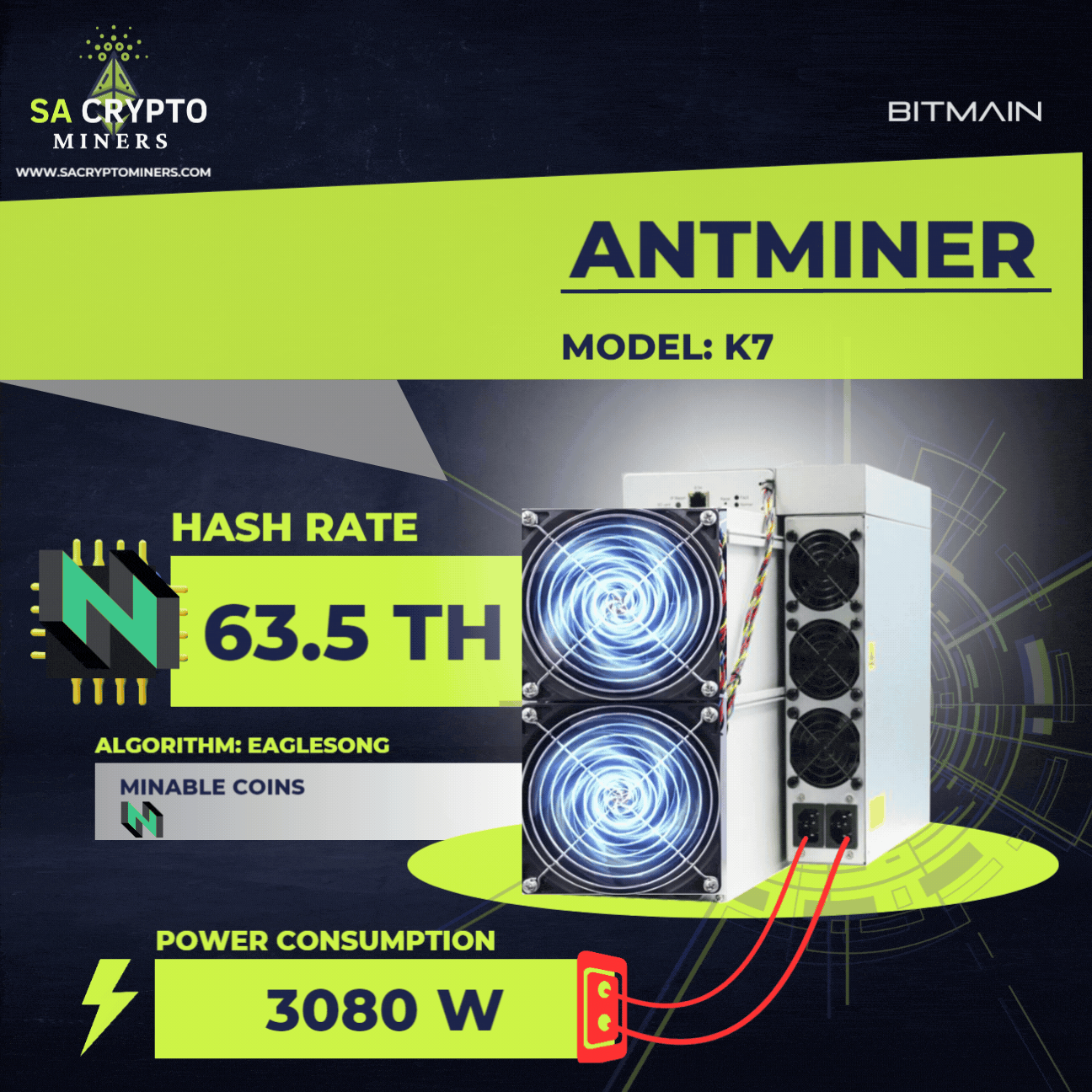 New Bitmain Antminer K7 (63.5Th) 3080W CKB Miner