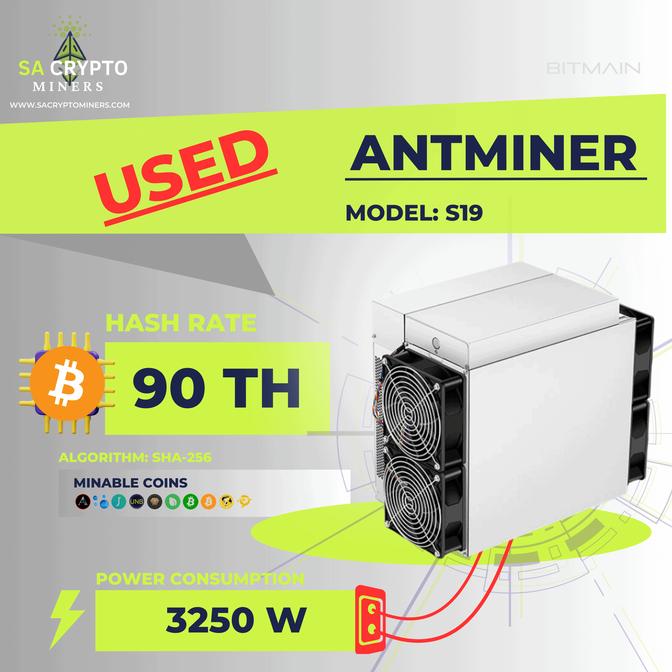 Used Bitmain Antminer S19 90TH Bitcoin Miner